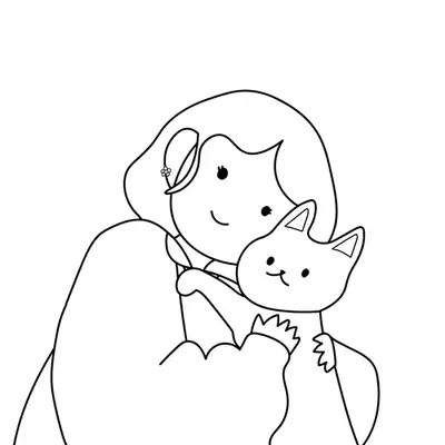 Desenho de contorno de uma menina sorridente com casaco de mangas fofas segurando um gato simplificado no colo.