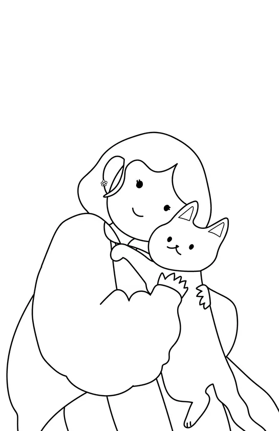 Desenho de contorno de uma menina sorridente com casaco de mangas fofas segurando um gato simplificado no colo.