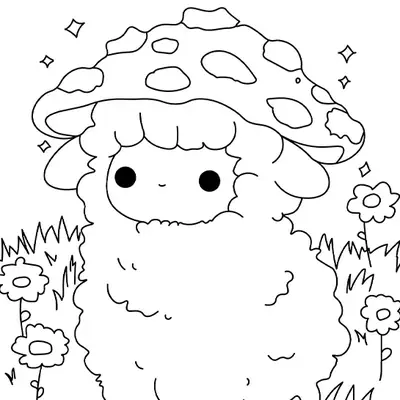 Desenho de contorno de uma ovelha muito peluda com rosto simplificado, usando um cogumelo com manchas no lugar de um chapéu, cercada por flores e faíscas.