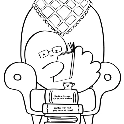 Desenho de contorno de um personagem lendo um livro em uma poltrona com manta quadriculada, sobre uma pilha de livros com títulos escritos em português.