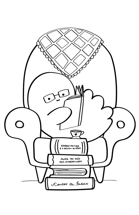 Desenho de contorno de um personagem lendo um livro em uma poltrona com manta quadriculada, sobre uma pilha de livros com títulos escritos em português.