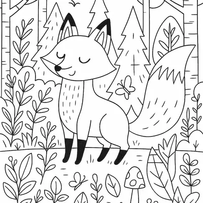 Desenho de contorno de uma raposa fofa em uma floresta com pinheiros, folhas, borboletas e um cogumelo.