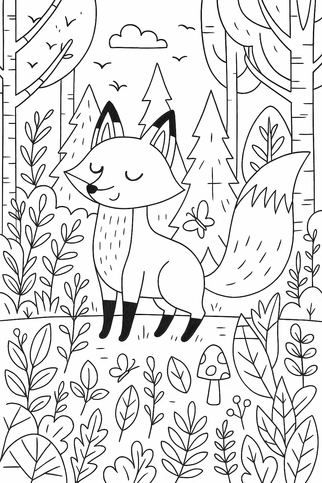 Desenho de contorno de uma raposa fofa em uma floresta com pinheiros, folhas, borboletas e um cogumelo.