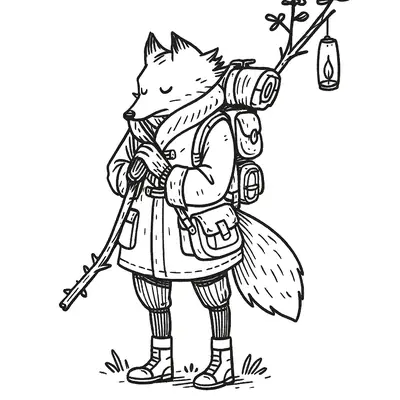 Desenho de contorno de uma raposa vestindo casaco de inverno, botas e mochila de trilha, carregando um cajado com lanterna pendurada.