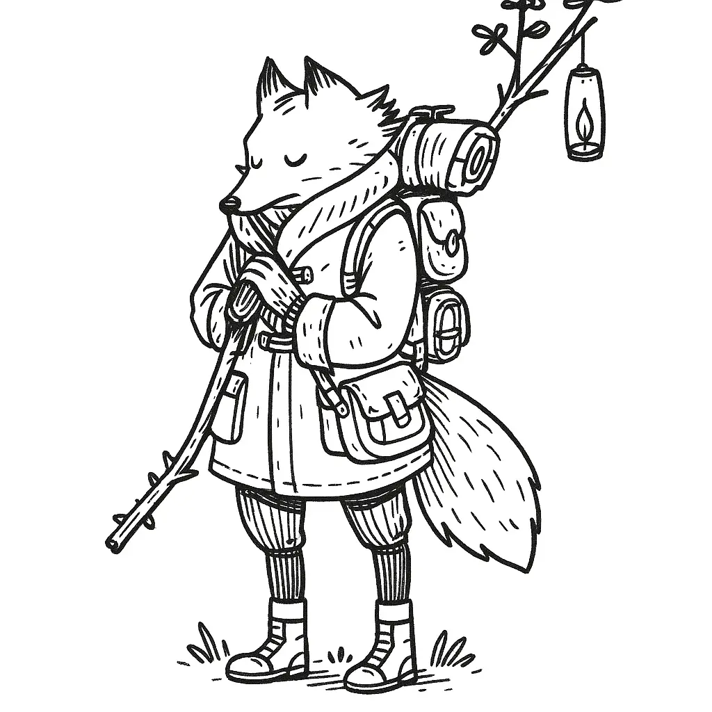 Desenho de contorno de uma raposa vestindo casaco de inverno, botas e mochila de trilha, carregando um cajado com lanterna pendurada.
