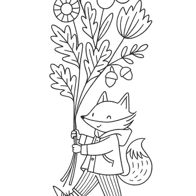 Desenho de contorno de uma raposinha vestindo roupas e botas, caminhando enquanto segura um buquê de flores muito alto com sementes.