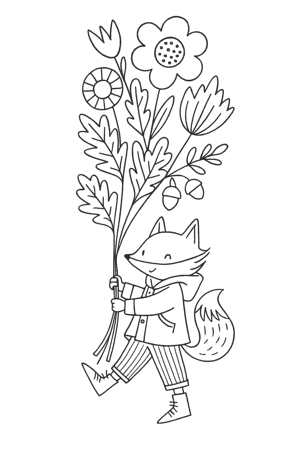 Desenho de contorno de uma raposinha vestindo roupas e botas, caminhando enquanto segura um buquê de flores muito alto com sementes.