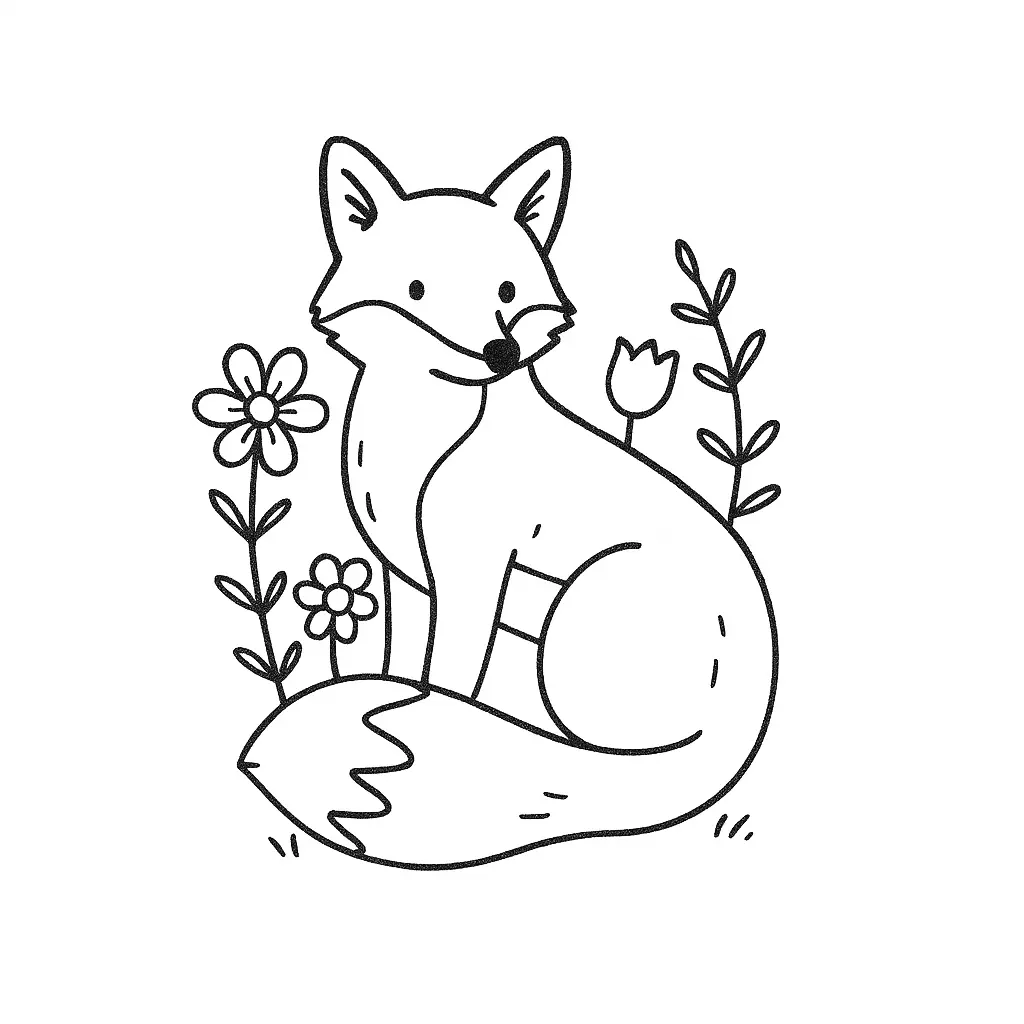 Desenho de contorno simples de uma raposinha sentada de perfil, cercada por três flores e ramos de folhas.
