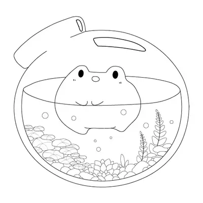Desenho de contorno de um sapo gordinho flutuando na água dentro de um aquário redondo, com suculentas, plantas aquáticas e pedras ao fundo.