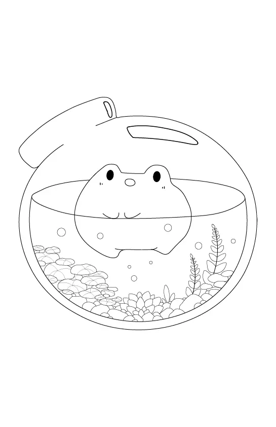 Desenho de contorno de um sapo gordinho flutuando na água dentro de um aquário redondo, com suculentas, plantas aquáticas e pedras ao fundo.