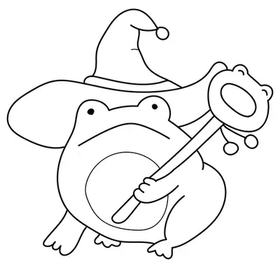 Desenho de contorno de um sapo redondo usando um chapéu de mago pontudo e segurando um cajado mágico que tem um pequeno rosto de sapo no topo.