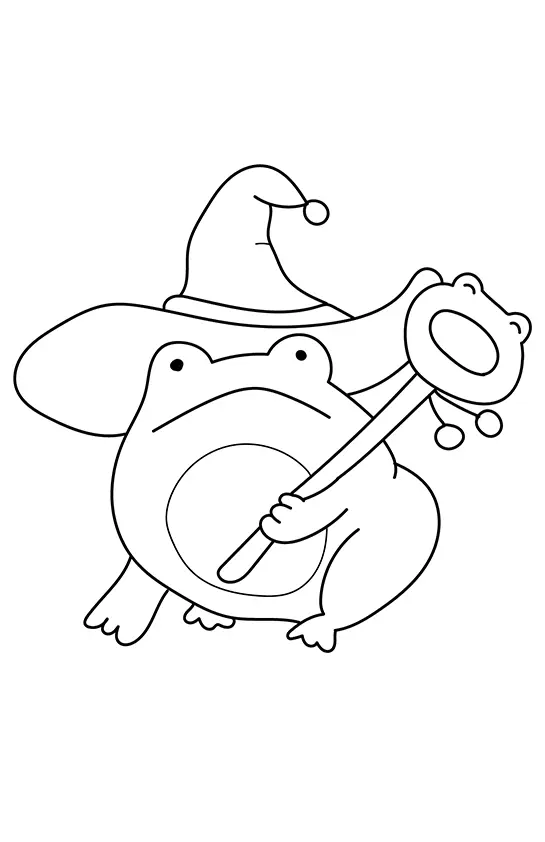 Desenho de contorno de um sapo redondo usando um chapéu de mago pontudo e segurando um cajado mágico que tem um pequeno rosto de sapo no topo.