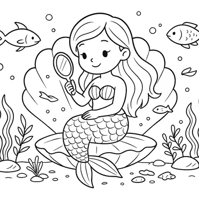 Desenho de contorno estilo kawaii de uma sereia sentada em uma grande concha aberta, segurando um espelho, cercada por peixes e algas.
