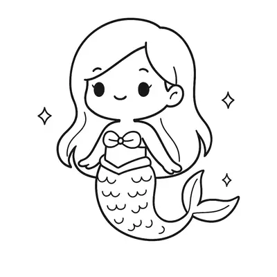 Desenho de contorno simples de uma pequena sereia sorrindo, estilo kawaii, com quatro estrelas ao redor.