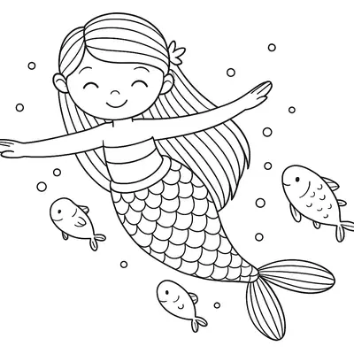 Desenho de contorno de uma sereia sorridente com os braços abertos nadando entre peixes e bolhas de água.