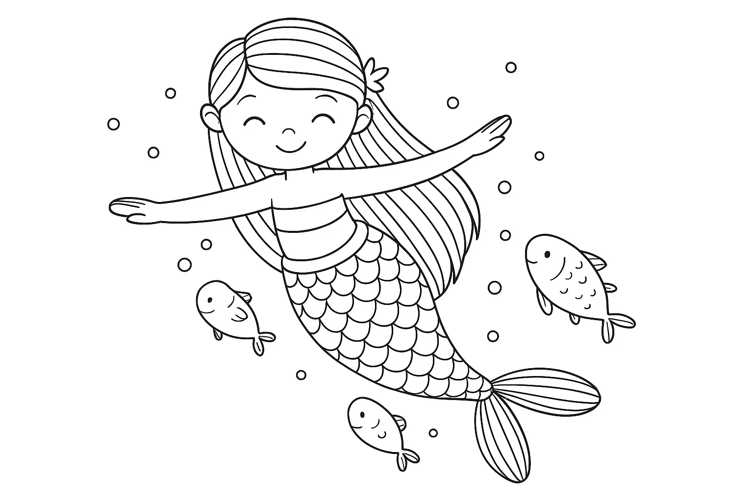Desenho de contorno de uma sereia sorridente com os braços abertos nadando entre peixes e bolhas de água.