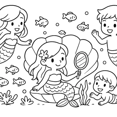 Desenho de contorno estilo kawaii de sereias e tritões crianças nadando no fundo do mar com peixes, bolhas e uma concha grande.