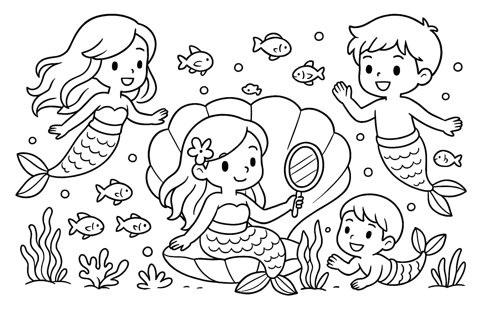Desenho de contorno estilo kawaii de sereias e tritões crianças nadando no fundo do mar com peixes, bolhas e uma concha grande.
