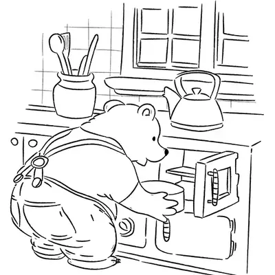 Desenho de contorno de um urso de jardineira agachado em frente a um forno aberto, com uma chaleira e utensílios de cozinha sobre a bancada ao fundo.