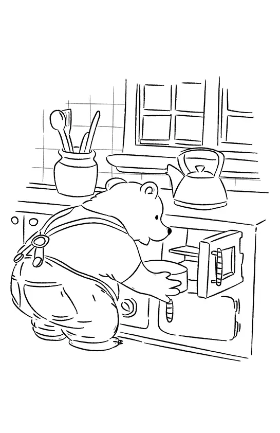 Desenho de contorno de um urso de jardineira agachado em frente a um forno aberto, com uma chaleira e utensílios de cozinha sobre a bancada ao fundo.