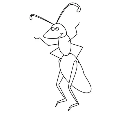 Desenho de contorno em preto e branco de uma formiga antropomórfica em pé, com antenas longas e um sorriso amigável.