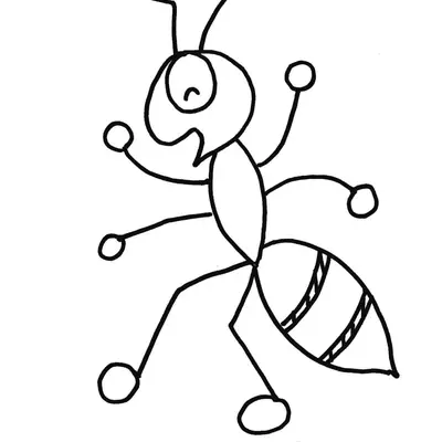 Desenho de contorno em preto e branco de uma formiga cartunesca com patas terminando em círculos e abdômen listrado.