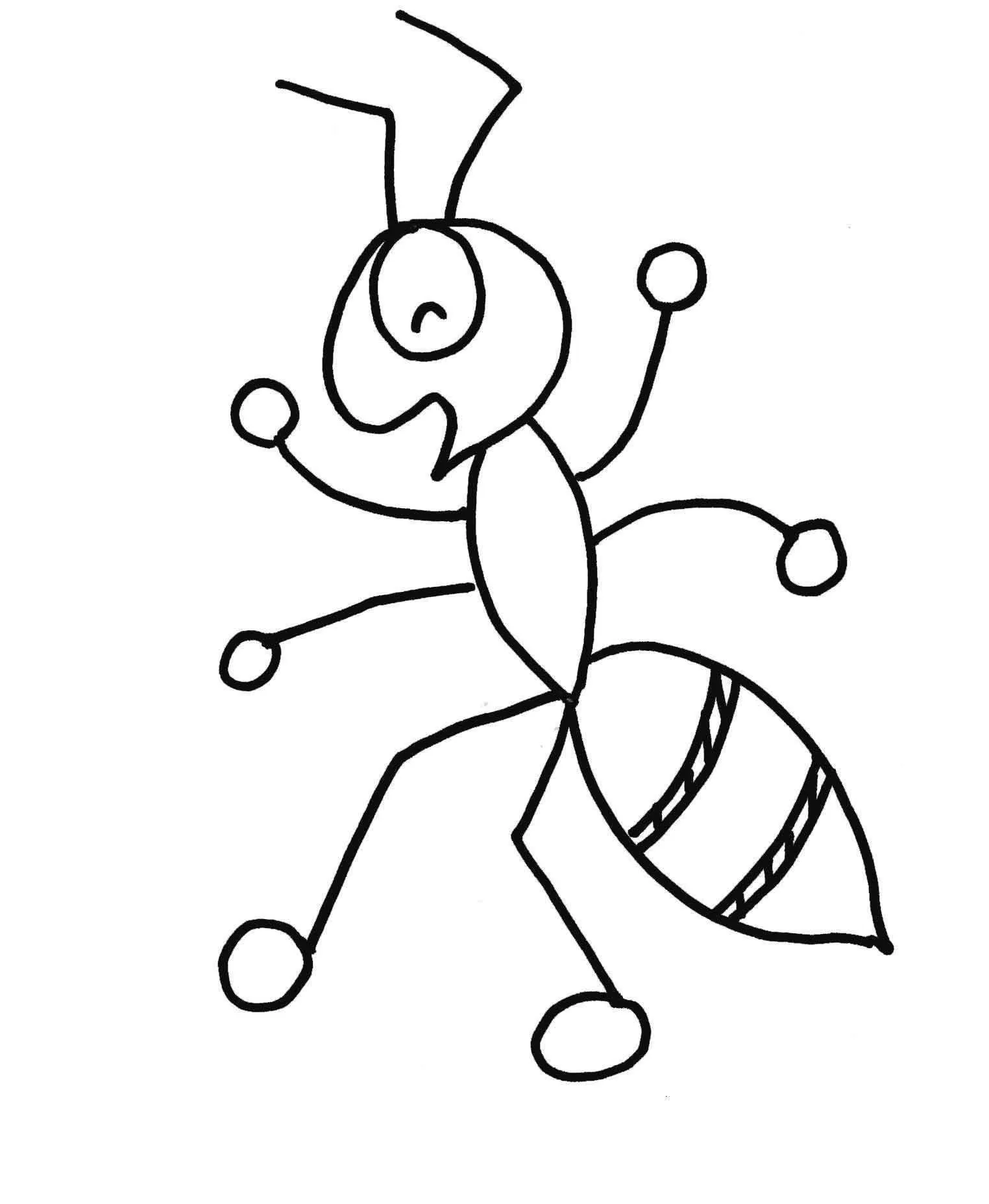 Desenho de contorno em preto e branco de uma formiga cartunesca com patas terminando em círculos e abdômen listrado.