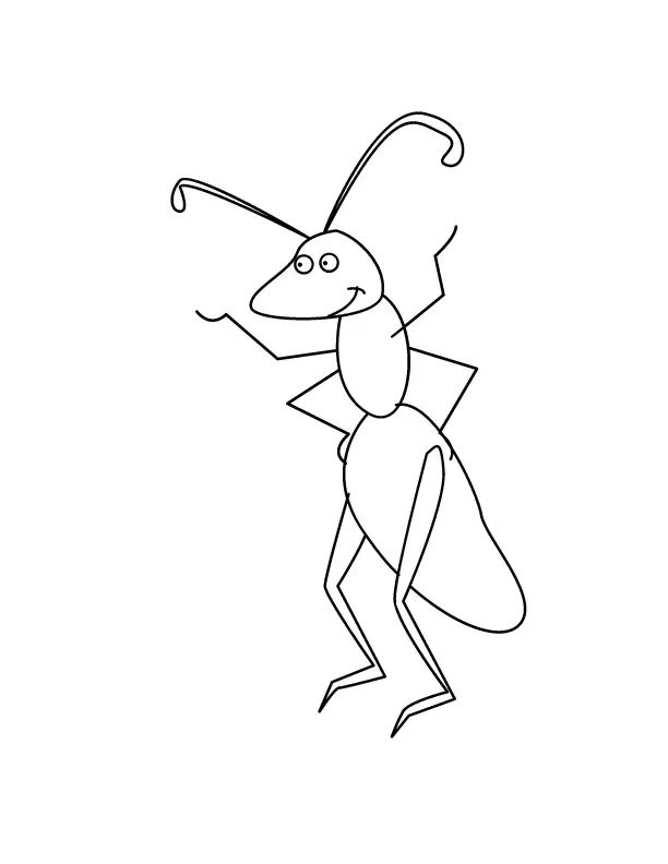 Desenho de contorno em preto e branco de uma formiga antropomórfica em pé, com olhos grandes, um sorriso gentil e antenas curvadas.