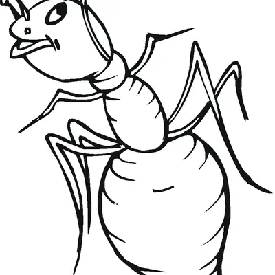 Desenho de contorno em preto e branco de uma formiga em pé, com antenas detalhadas, olhos grandes e um abdômen volumoso e listrado.
