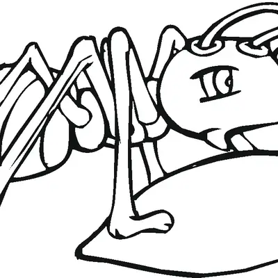 Desenho de contorno em preto e branco de uma formiga de perfil segurando uma folha com as mandíbulas.
