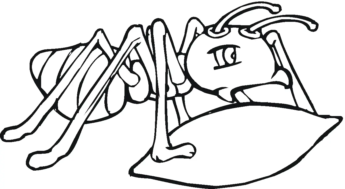 Desenho de contorno em preto e branco de uma formiga de perfil segurando uma folha com as mandíbulas.