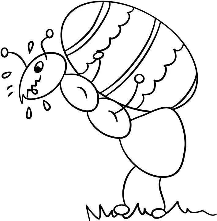 Desenho de contorno em preto e branco de uma formiga carregando um ovo de Páscoa listrado e decorado nas costas, com gotas de suor indicando esforço.