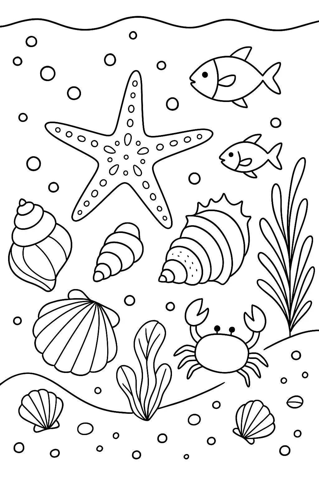 Desenho de contorno do fundo do mar apresentando uma grande estrela do mar central, um caranguejo, dois peixes, várias conchas de diferentes formatos e algas.