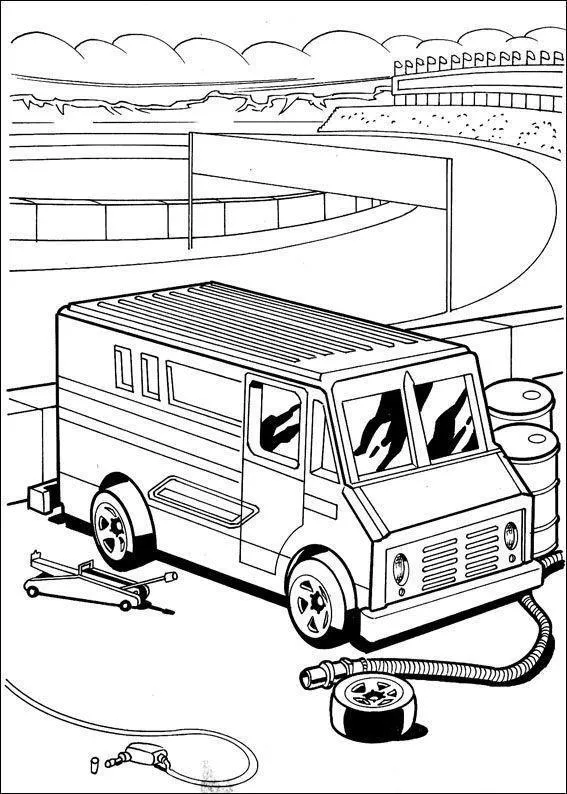 Desenho de contorno de um furgão de serviço estacionado em um pit stop de autódromo, com macaco hidráulico, tambores e mangueira de combustível.