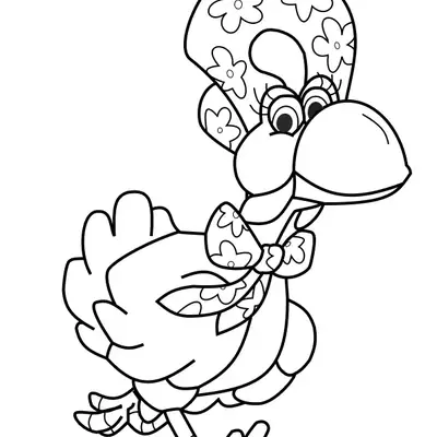 Desenho de contorno da galinha Lilica do Cocoricó caminhando, usando um chapéu grande e um laço no pescoço, ambos com estampa de flores.