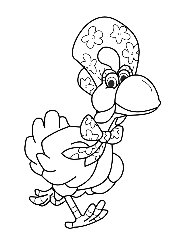 Desenho de contorno da galinha Lilica do Cocoricó caminhando, usando um chapéu grande e um laço no pescoço, ambos com estampa de flores.