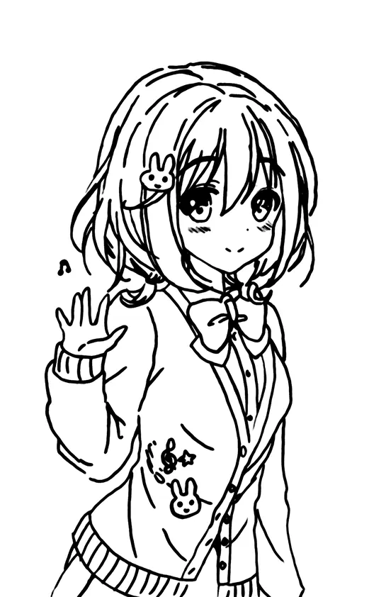 Desenho de contorno em preto e branco de uma menina de anime com cabelo curto, usando um cardigã sobre o uniforme escolar e acenando com a mão direita.