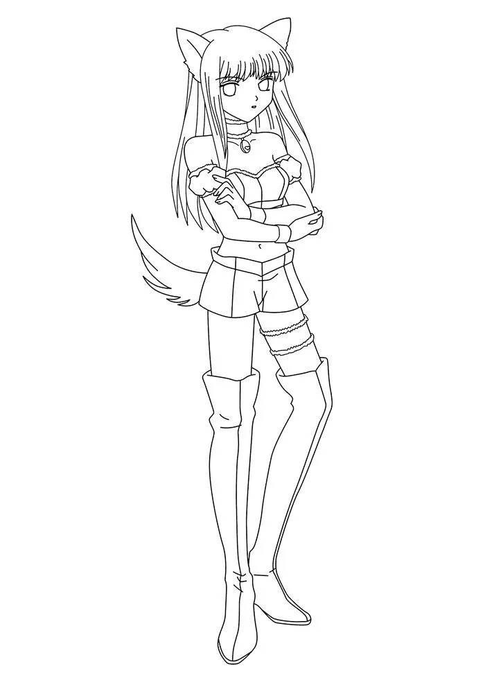 Desenho de contorno em preto e branco de uma garota anime em pé, com orelhas de gato, cauda felina, braços cruzados e botas acima do joelho.
