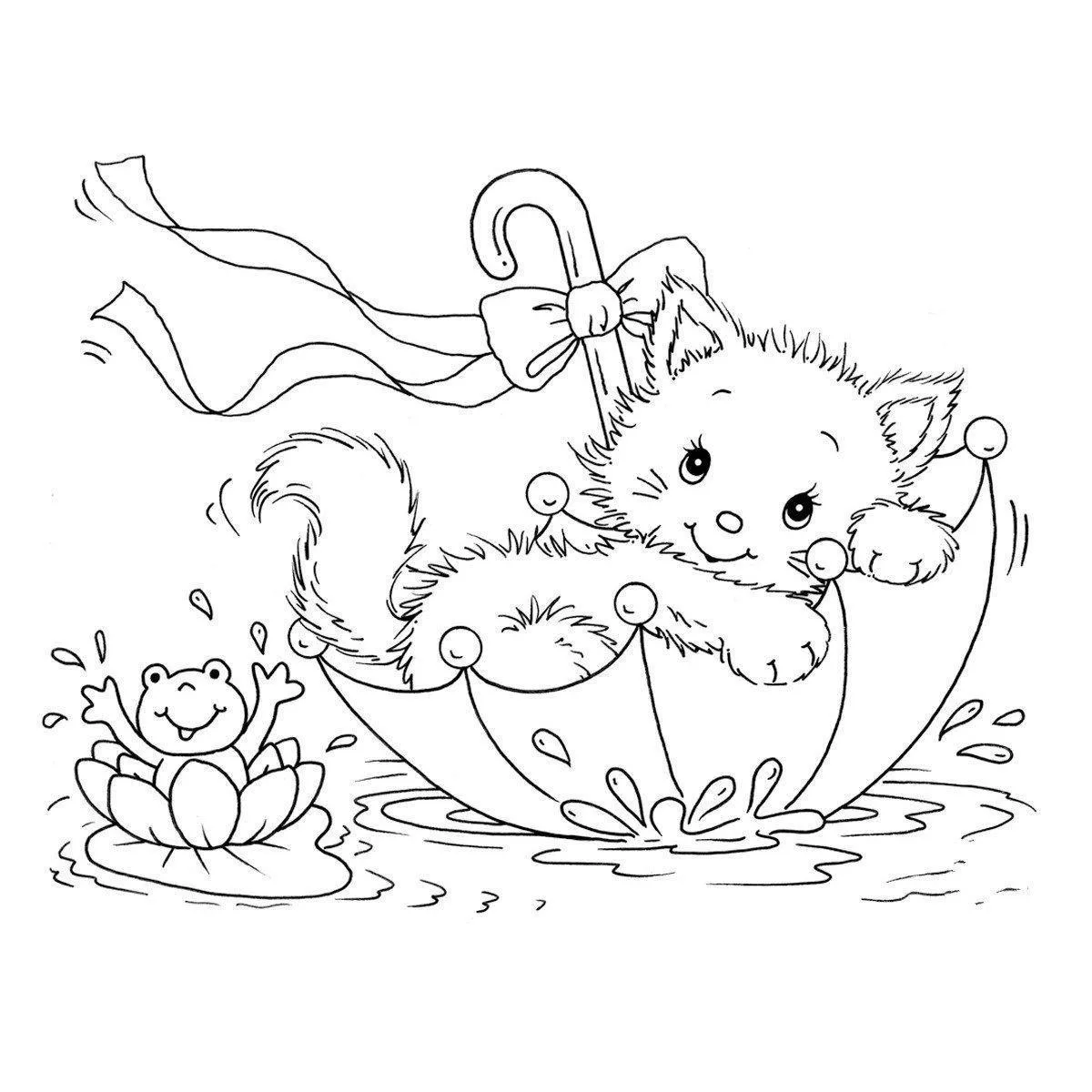 Desenho de contorno de uma gatinha dentro de um guarda-chuva virado que flutua na água; um sapinho acena ao lado sobre uma flor de lótus.