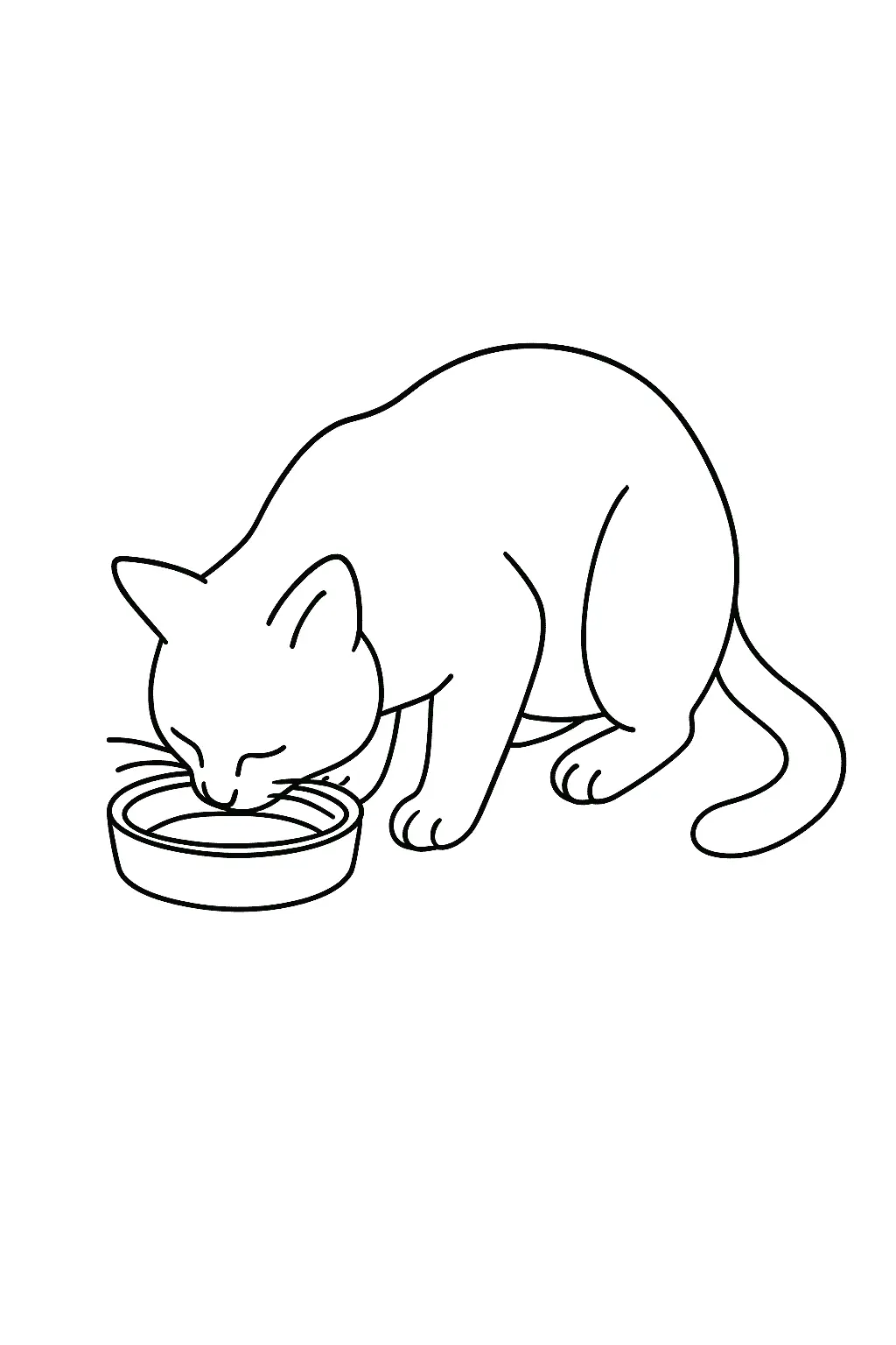 Desenho de contorno de um gato agachado bebendo líquido de uma tigela redonda, com as orelhas inclinadas e cauda relaxada.