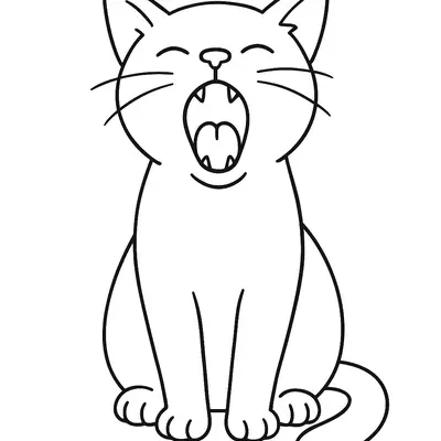 Desenho de contorno de um gatinho sentado de frente, bocejando com a boca bem aberta, olhos fechados e bigodes para os lados.