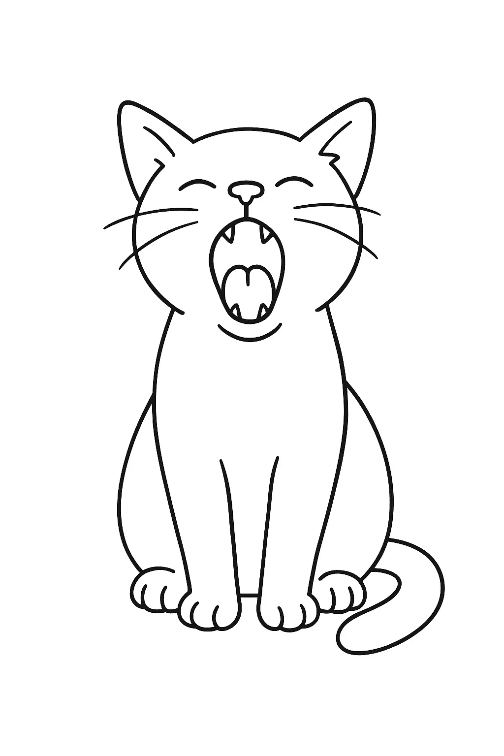 Desenho de contorno de um gatinho sentado de frente, bocejando com a boca bem aberta, olhos fechados e bigodes para os lados.