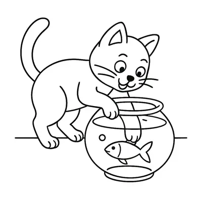 Amizade ou Travessura? Gatinho e Aquário para Colorir