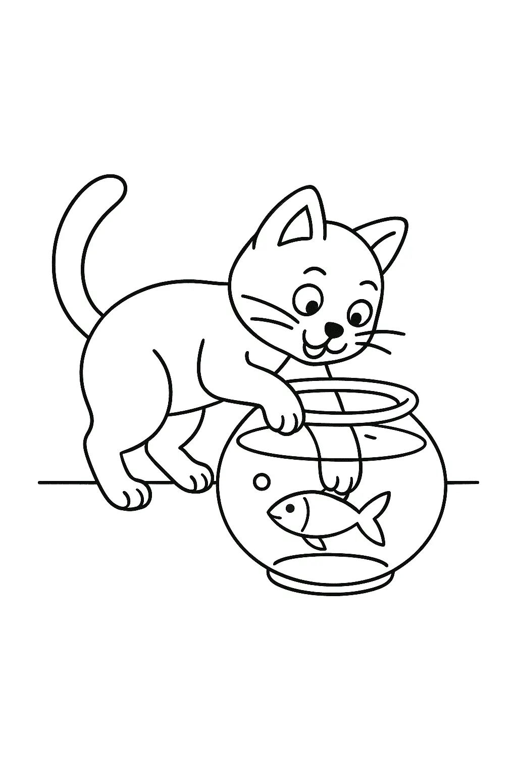 Desenho de contorno de um gatinho apoiado em um aquário redondo, com uma pata mergulhada na água tentando alcançar um peixe pequeno.