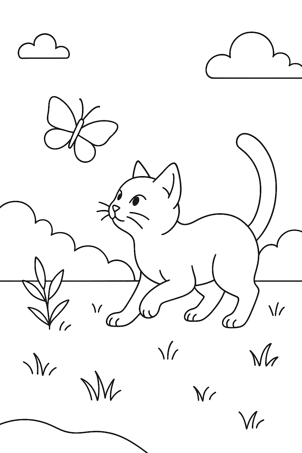 Desenho de contorno de um gatinho caminhando em um campo com grama, olhando para uma borboleta voando, com arbustos e nuvens ao fundo.