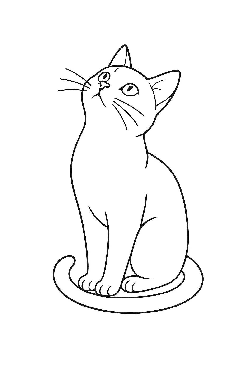 Desenho de contorno de um gatinho sentado de lado, com a cabeça inclinada para cima, olhos grandes e expressivos, e uma cauda longa enrolada na base.