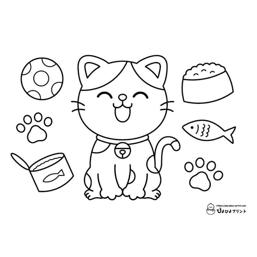 Desenho de contorno de um gatinho sentado sorrindo com os olhos fechados e língua de fora, cercado por uma tigela de comida, um peixe, uma lata aberta, uma bola e pegadas de gato.