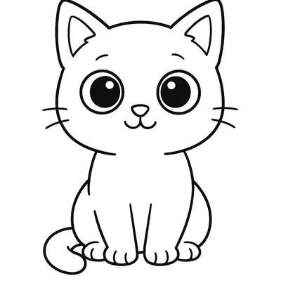 Desenho de contorno de um gatinho bebê sentado, com olhos redondos muito grandes, orelhas pontudas e uma expressão doce e curiosa.