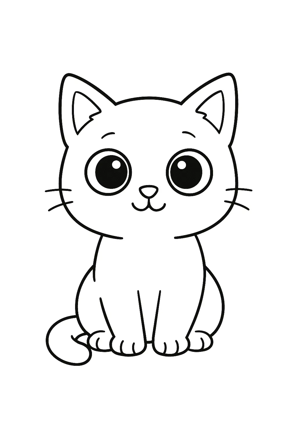 Desenho de contorno de um gatinho bebê sentado, com olhos redondos muito grandes, orelhas pontudas e uma expressão doce e curiosa.