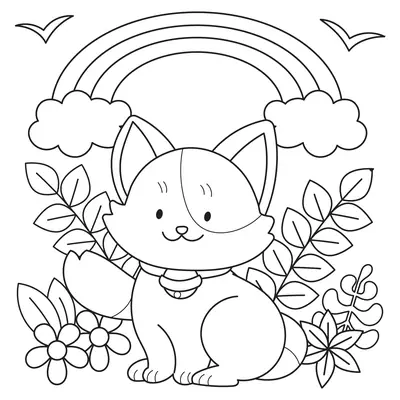 Dia de Sol: Gatinho no Jardim com Arco-Íris para Colorir